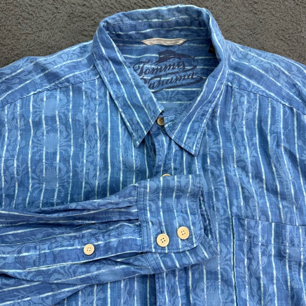 Tommy Bahama Button Up Shirt Mens Large Blue Stripe 100% Linen Tropical Crab L/S